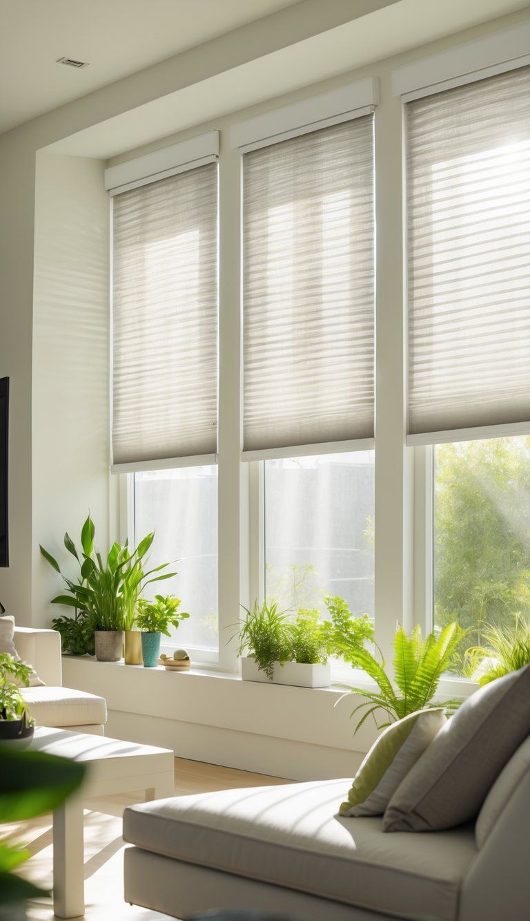 A modern living room with large windows covered by semi-transparent blinds, sunlight softly filling the space and highlighting comfortable furniture and indoor plants.