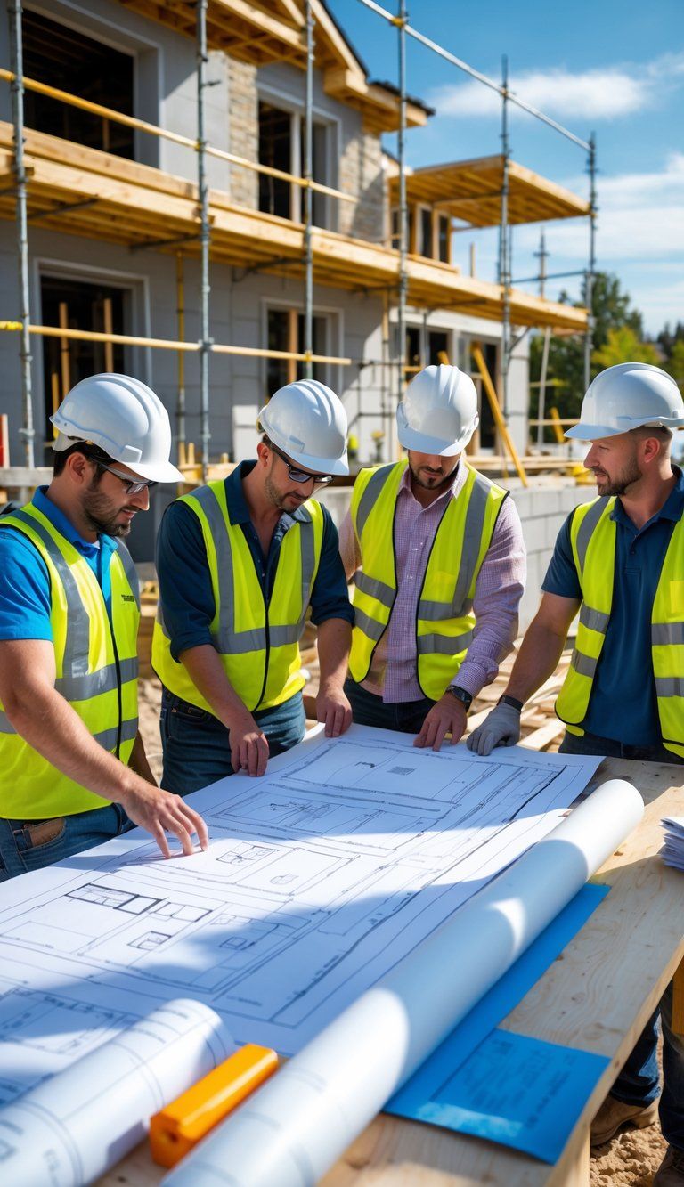 A group of construction workers and a project manager reviewing blueprints on a construction site with building materials and scaffolding in the background.