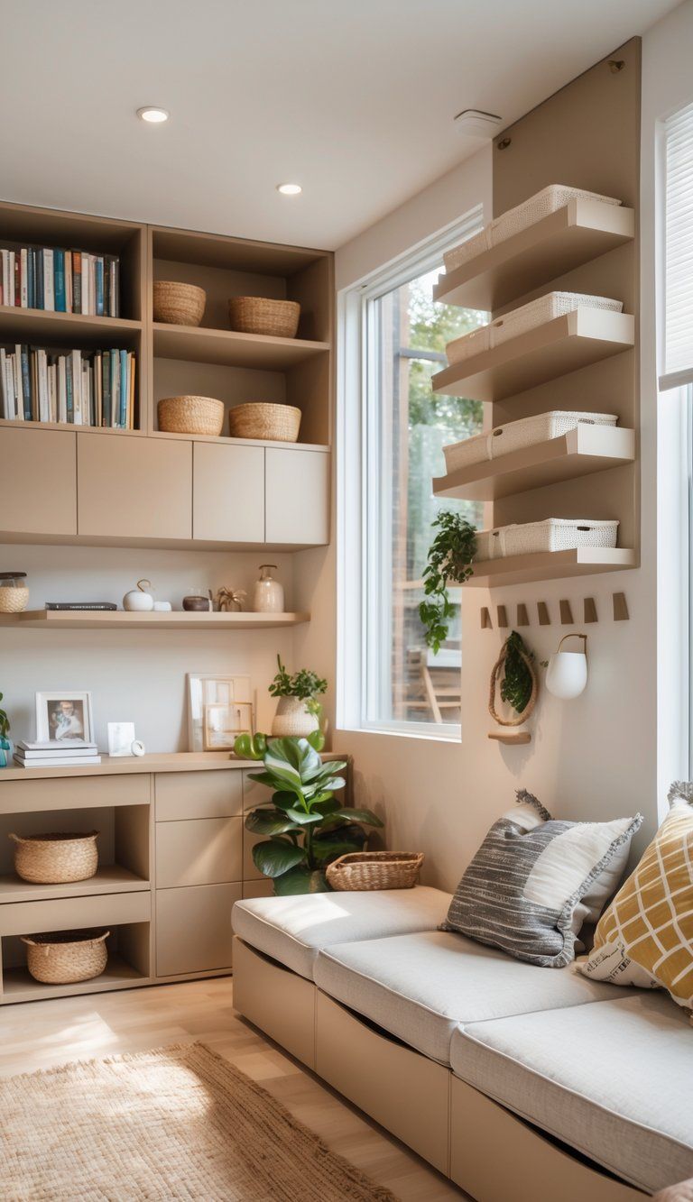 A modern living room with built-in shelves, storage bench, and organized storage solutions, featuring a sofa, indoor plant, and natural light from a window.