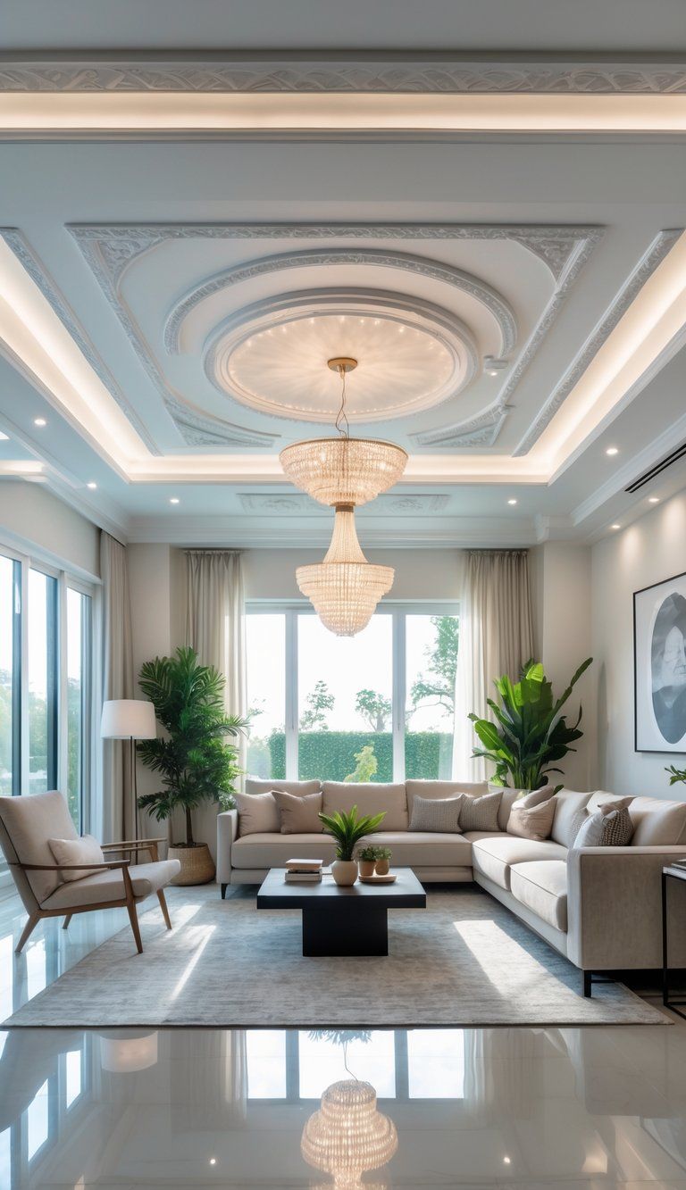 A bright living room with a detailed ceiling featuring molding and a chandelier, furnished with a sofa, coffee table, and plants.