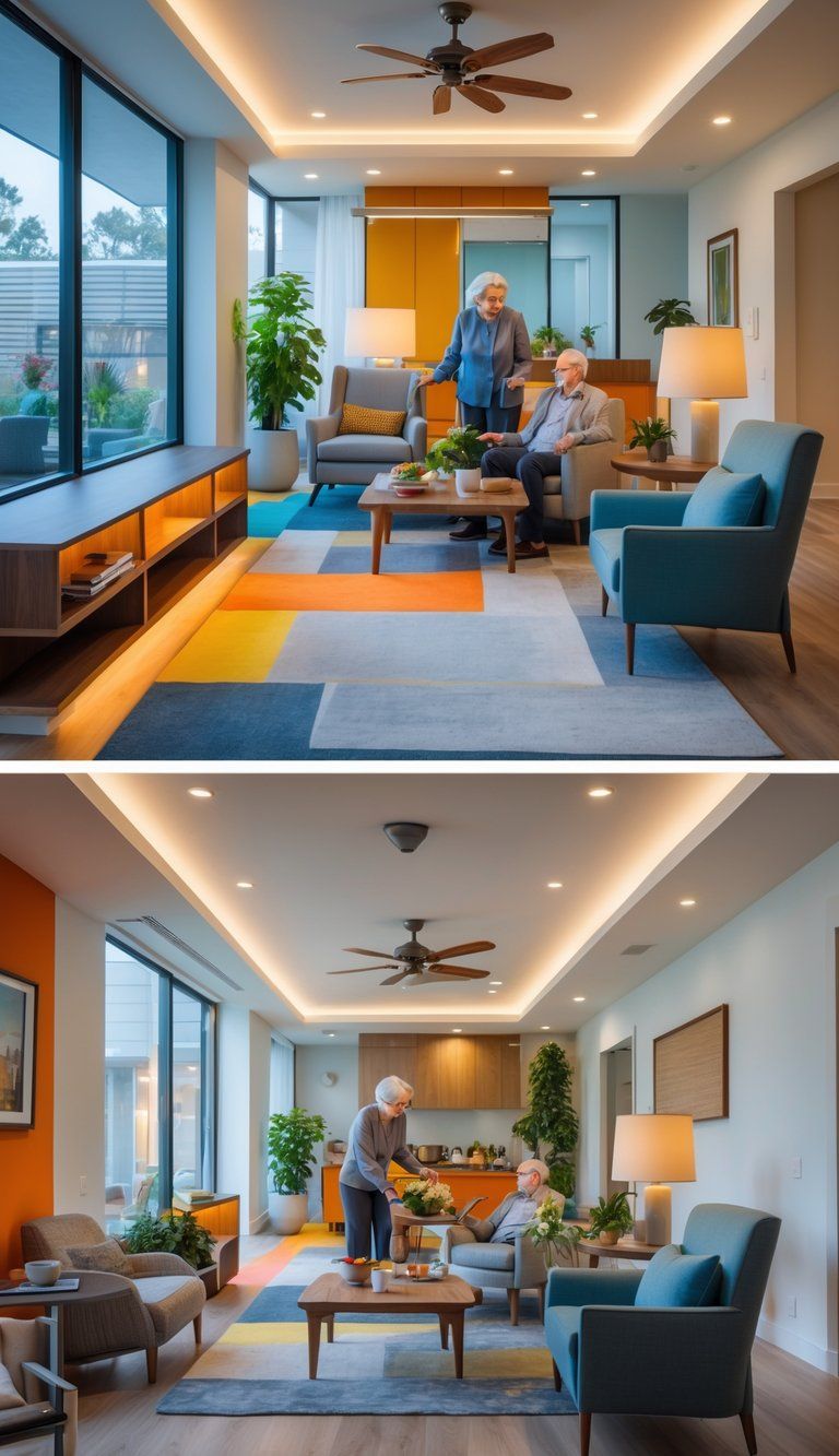 A bright living room with large windows and smart lighting, showing an elderly person and a younger adult interacting in a safe, accessible space with contrasting colors and clear pathways.