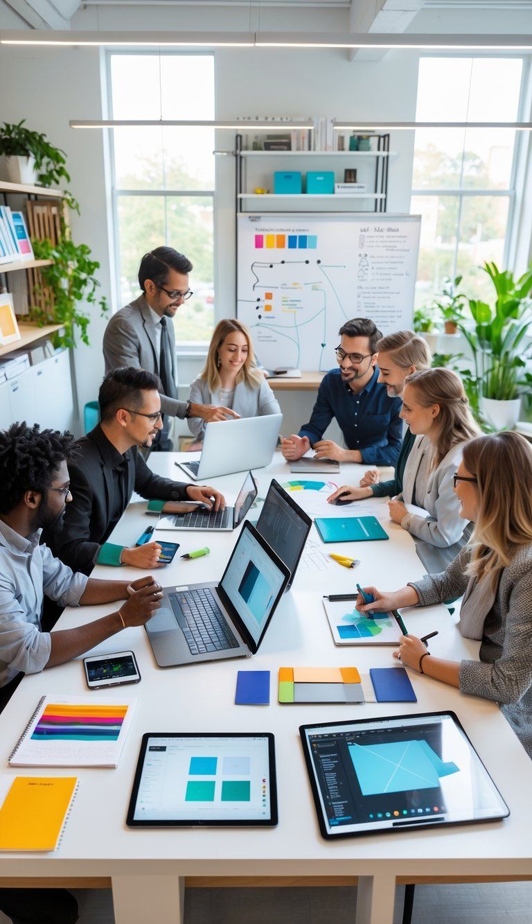 A group of professionals collaborating around a table with laptops, tablets, and design materials in a bright office.
