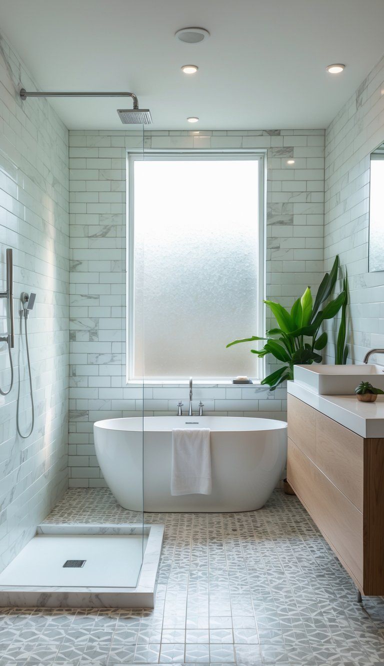 A bright bathroom with a walk-in shower, freestanding bathtub, and a mix of white subway tiles, marble wall tiles, and patterned floor tiles.