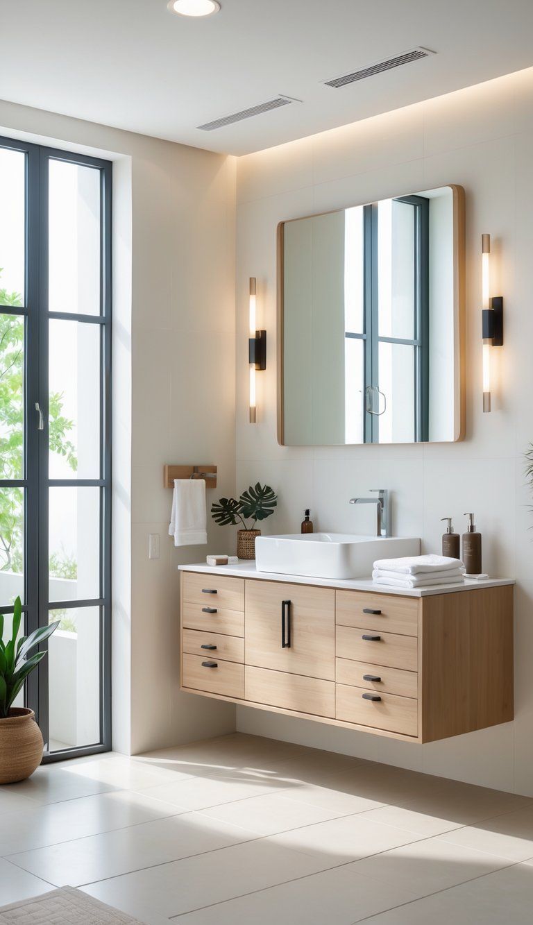 A modern bathroom with a stylish vanity, sink, and neatly arranged accessories under natural light.
