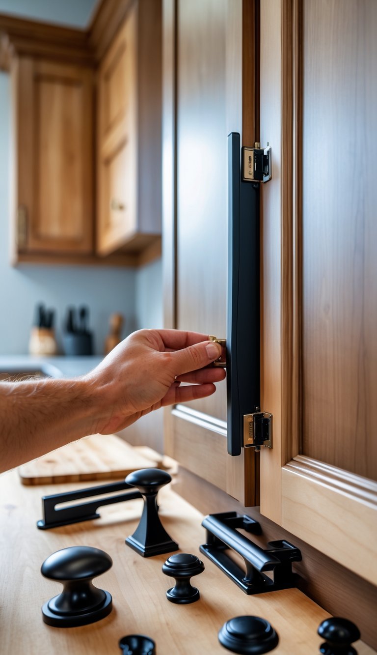 Close-up of hands installing a metal cabinet handle on wooden cabinetry with various hardware pieces on a work surface nearby.