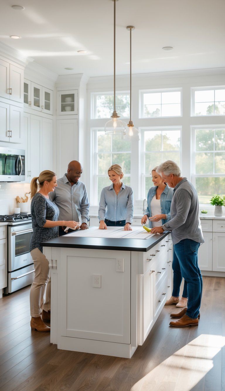 Three adults discussing and measuring a kitchen island in a bright, modern kitchen.