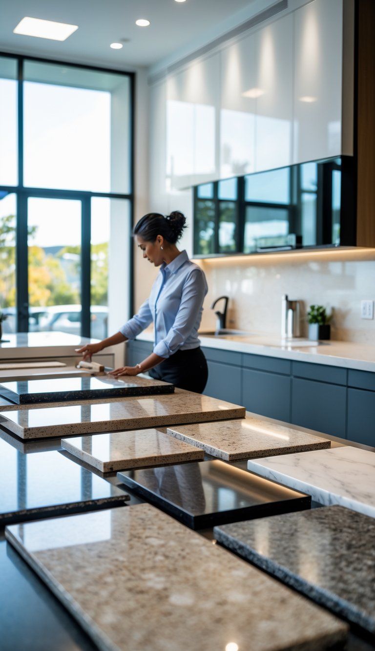 A person examining various countertop samples in a bright modern kitchen showroom.