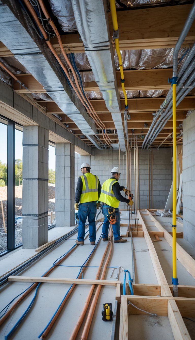 Construction workers installing electrical wiring, plumbing pipes, and air ducts inside a building under renovation.