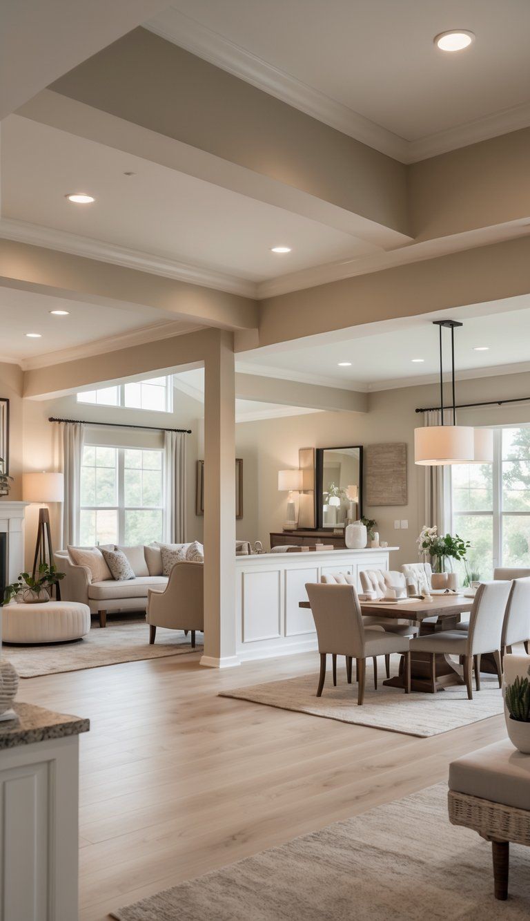 Open living room, dining area, and kitchen connected seamlessly with matching colors and furniture.