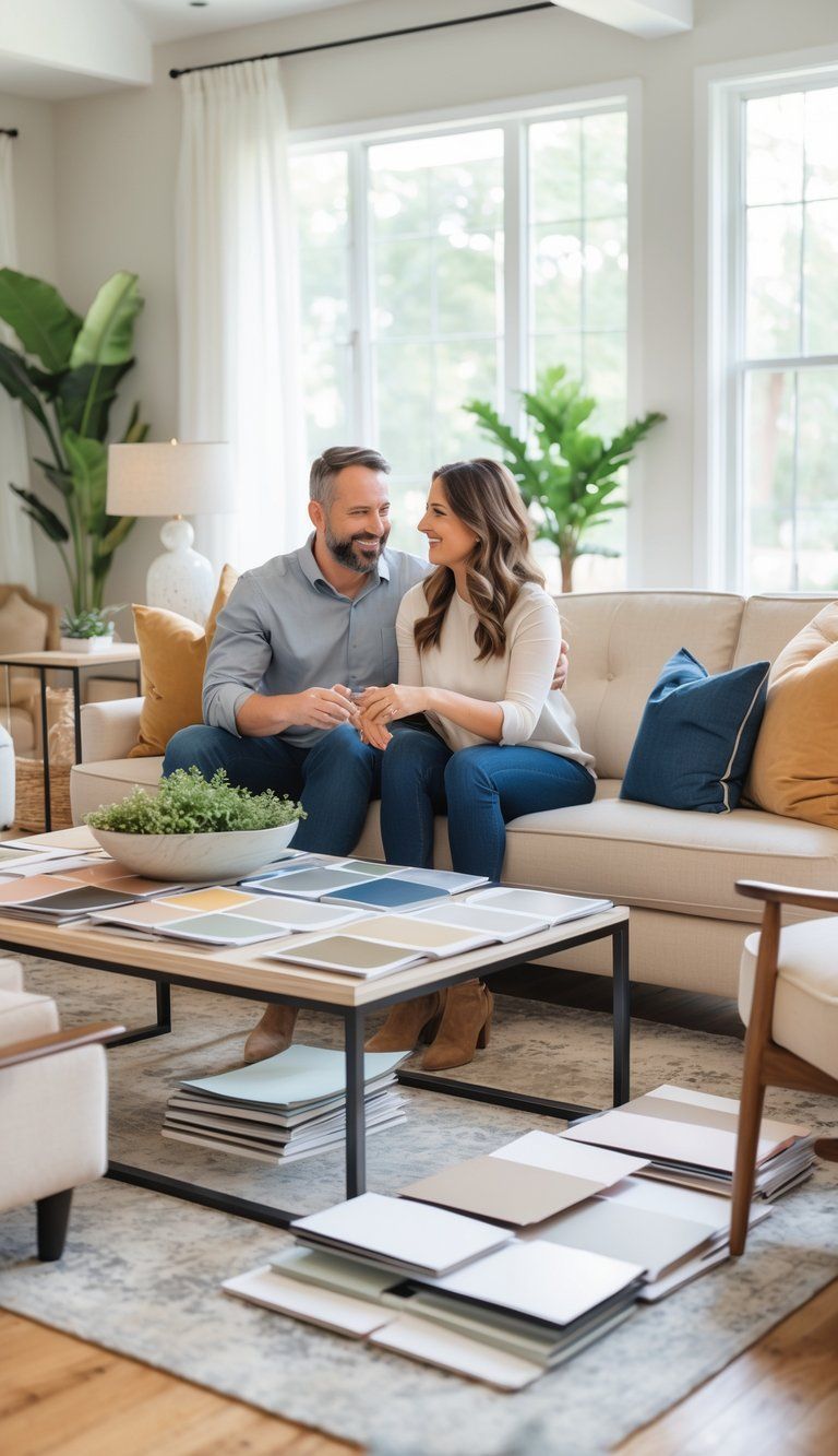 A couple sitting on a sofa surrounded by home decor samples, discussing design choices in a well-lit living room.