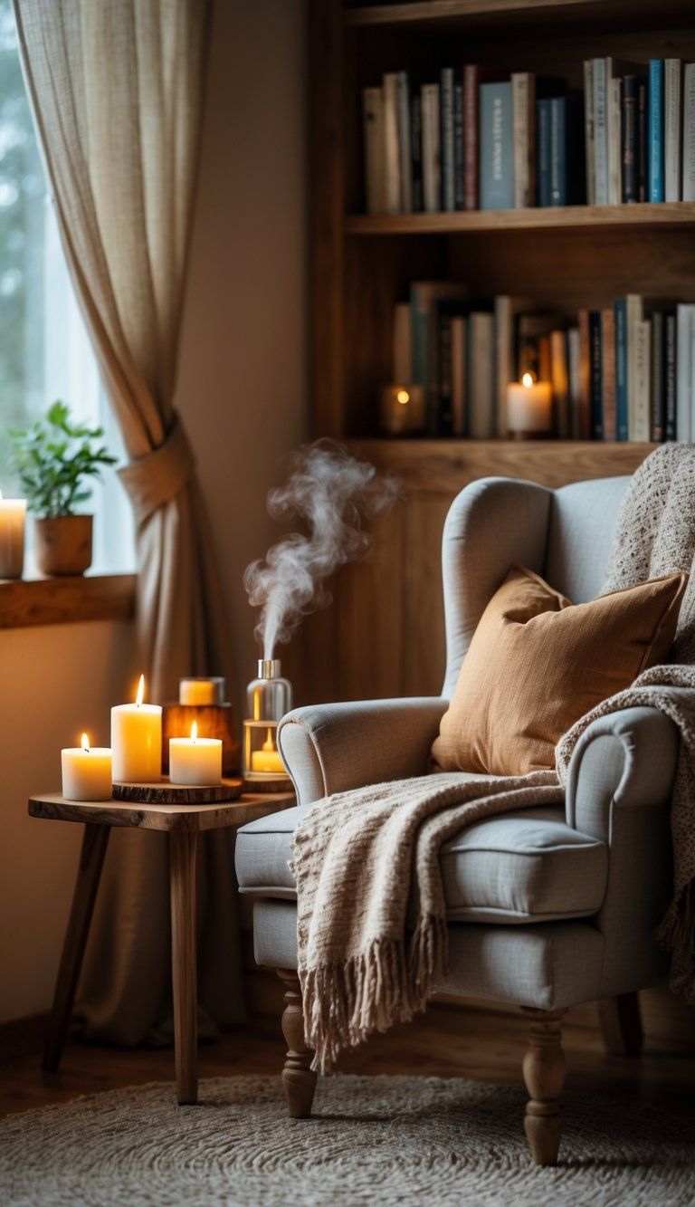A cozy reading nook with a comfortable armchair, lit scented candles on a side table, bookshelves, and soft natural light coming through a window.