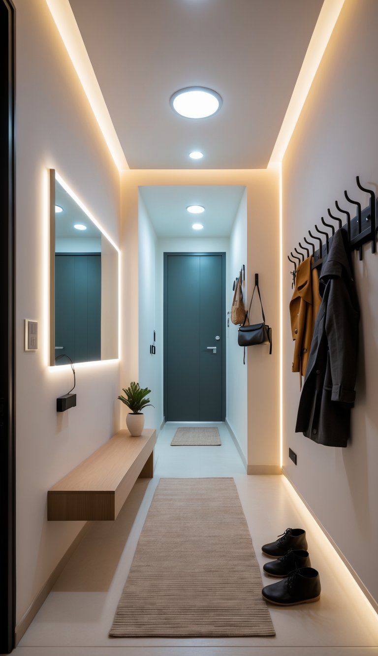 A small, well-lit entryway with a bench, shoe rack, wall hooks, a large mirror, and a potted plant.
