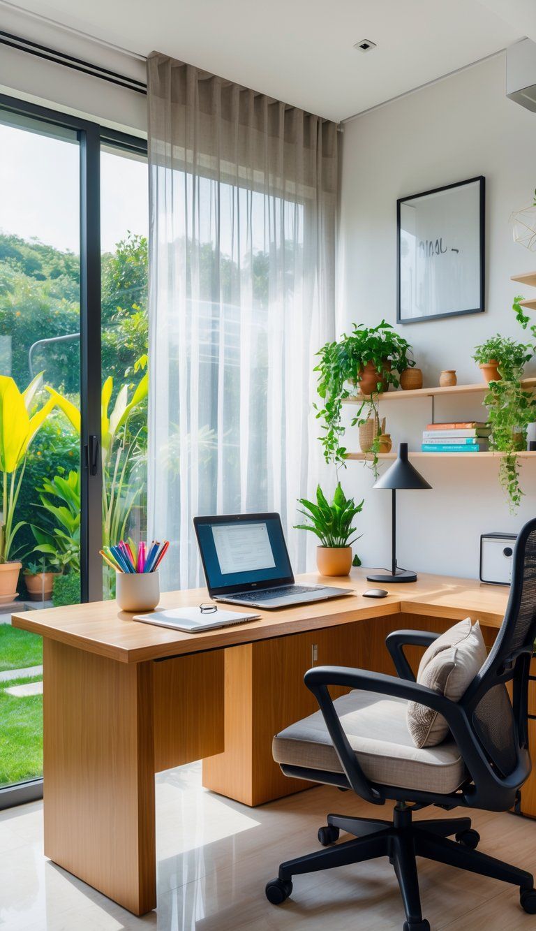 A bright home office with a wooden desk, laptop, notebook, indoor plants, ergonomic chair, and a large window letting in natural light.