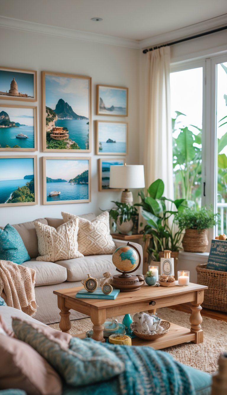 A cozy living room decorated with travel souvenirs, framed photos of landmarks, indoor plants, and soft cushions, creating a warm and inviting atmosphere.