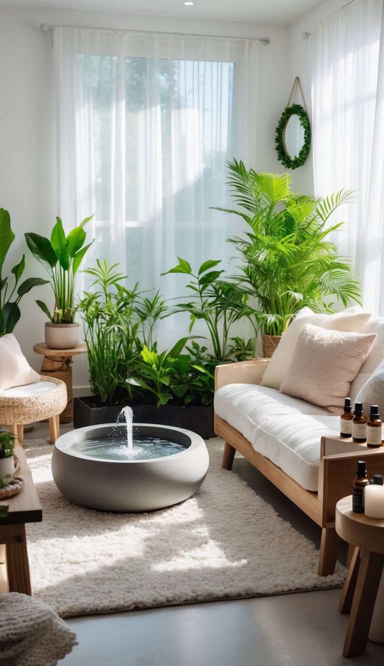 A bright living room with large windows, indoor plants, a water fountain, cozy seating, and aromatherapy diffusers creating a calm and relaxing atmosphere.