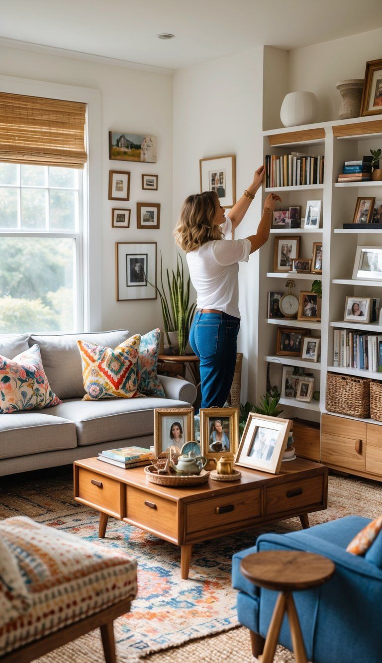 A person adjusting a framed photo in a cozy living room filled with a mix of modern and vintage decor, family photos, and personal mementos.