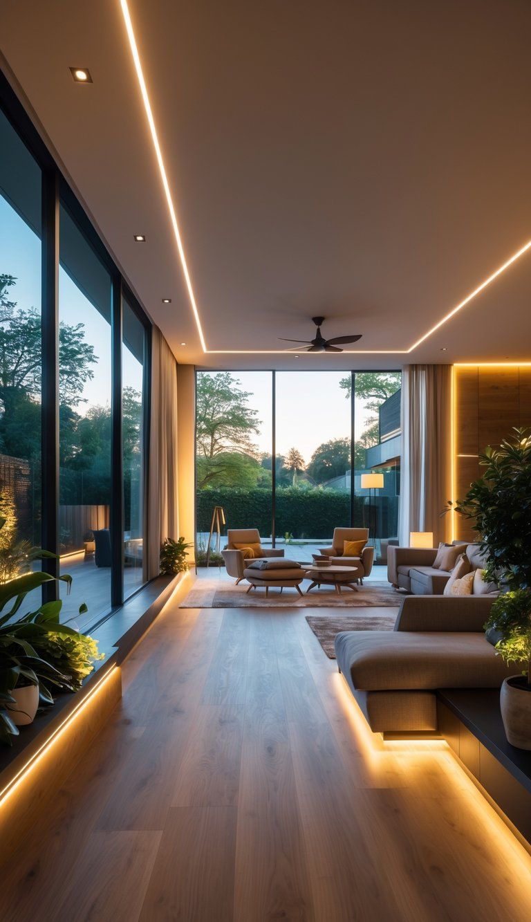A modern living room illuminated by natural sunlight through large windows and various artificial light sources including ceiling lights and floor lamps, creating a warm and balanced lighting effect.