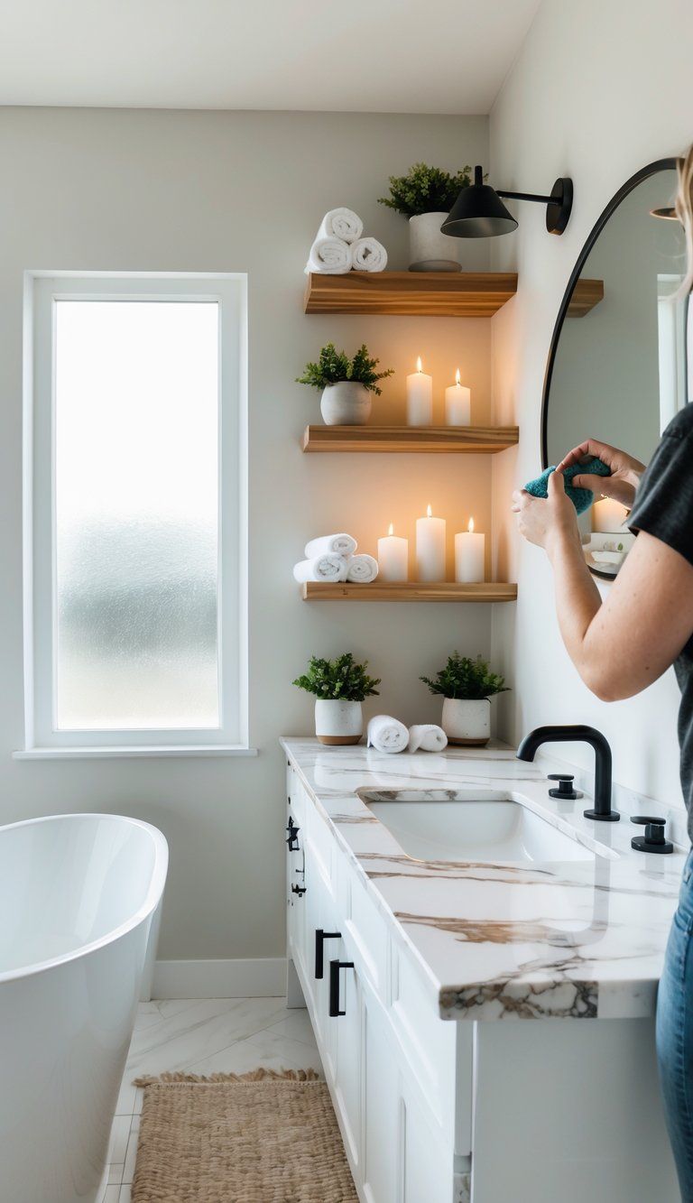 A bright bathroom with a freestanding bathtub, marble countertops, wooden shelves with candles and plants, and a person painting a cabinet.
