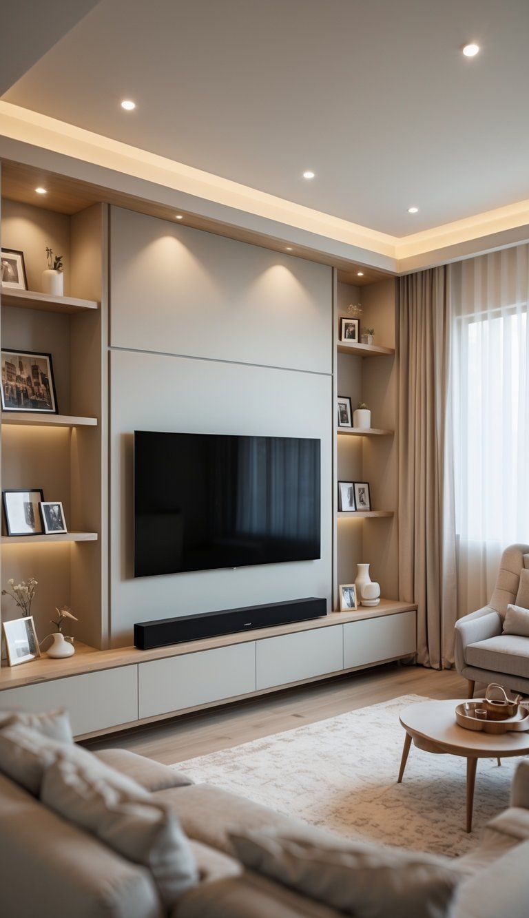 A cozy media room with a wall-mounted TV, built-in shelves with decorative items, comfortable seating, and natural light coming through a window.