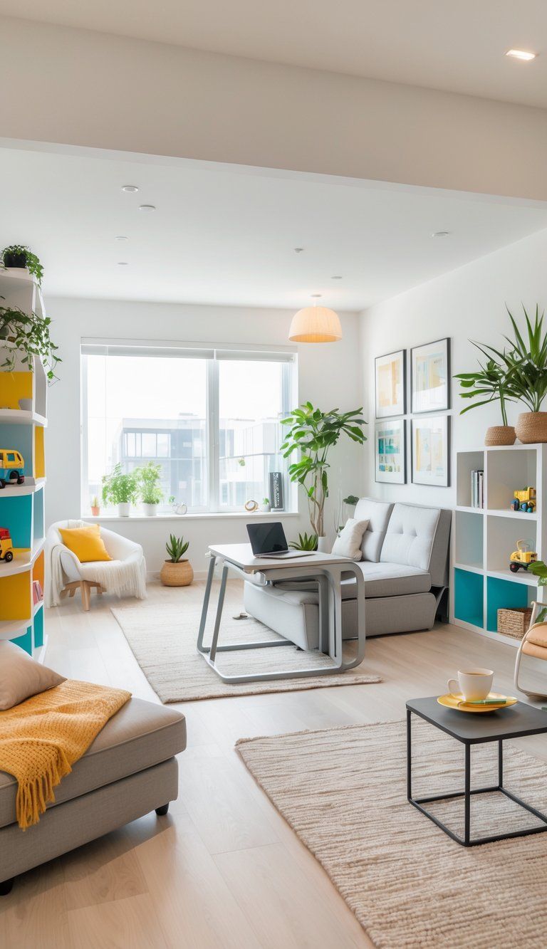 A bright, organized living space with multi-functional furniture including a sofa bed, foldable desk with laptop, lounge chair, and shelving units with books and plants.