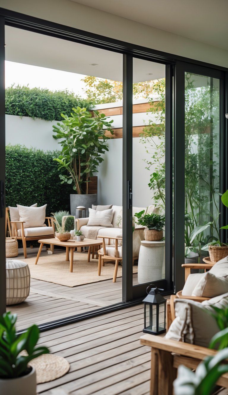 A living room with large open glass doors leading to an outdoor patio with seating and plants.