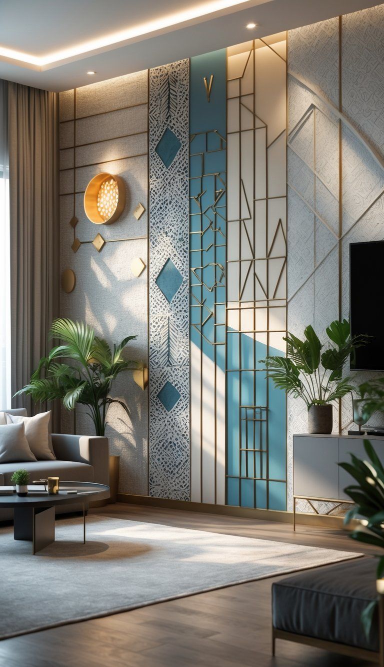 Interior living room with a wall featuring patterned and textured designs, surrounded by furniture and plants.