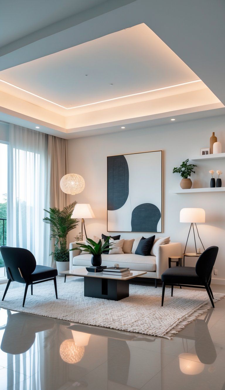 A bright living room with a sofa, coffee table, accent chairs, large windows, and decorative elements creating a focal point in the space.