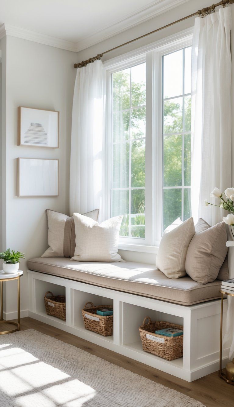 A cozy window seat with built-in storage drawers and shelves filled with books and plants beneath a large window in a living room.