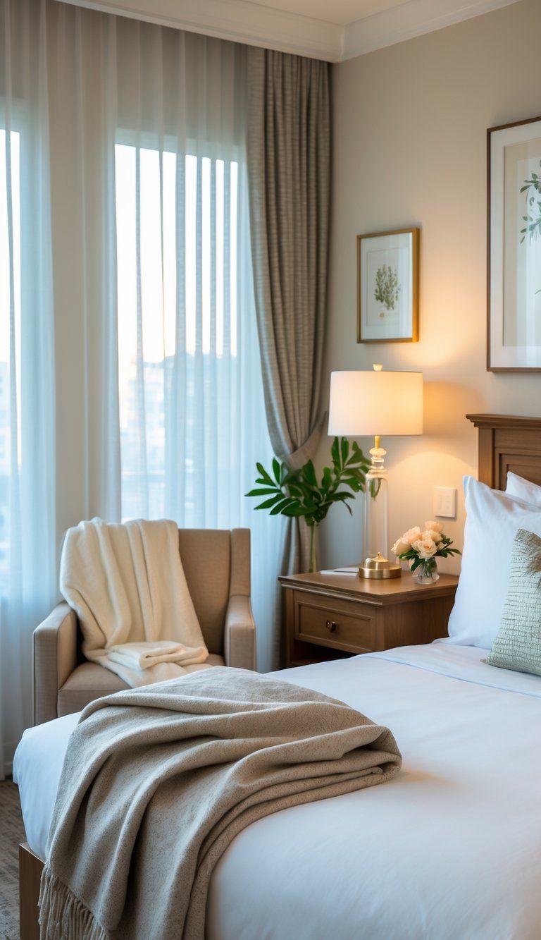 A neatly arranged guest room with a made bed, bedside table with flowers and lamp, an armchair, and natural light coming through curtains.