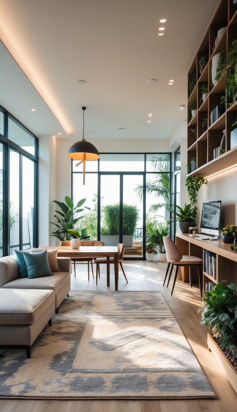An open living space with a living room, dining area, and home office nook separated by furniture, rugs, and lighting without walls.
