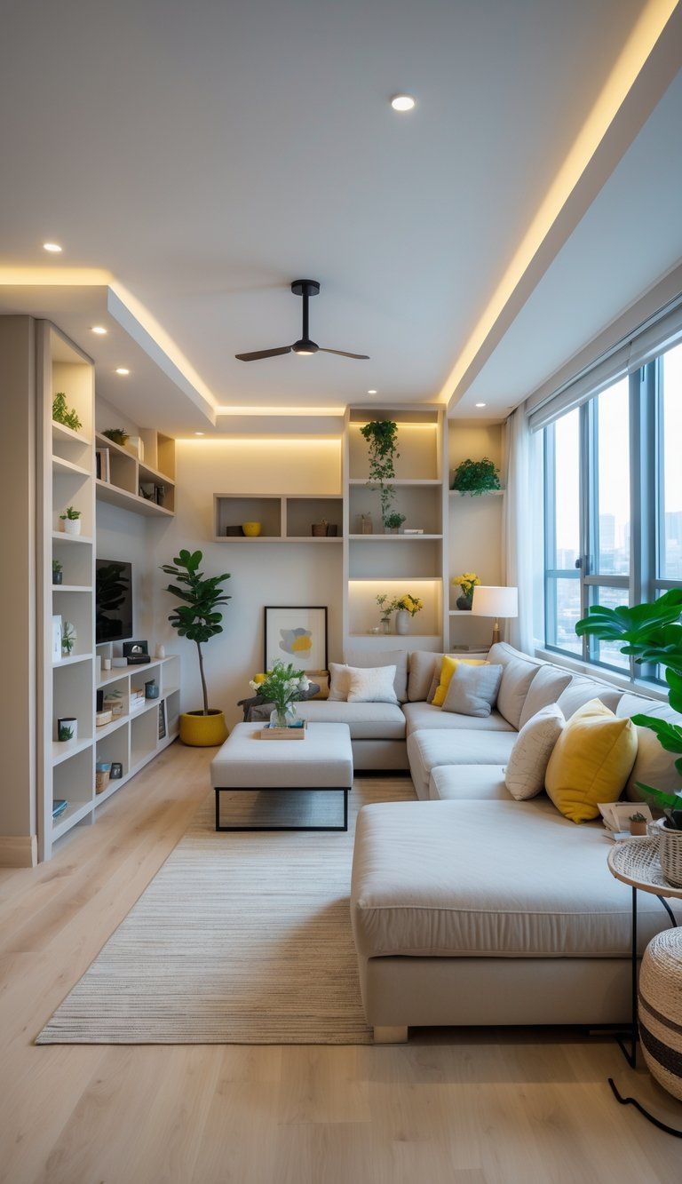 A living room with a sectional sofa arranged to fit an irregularly shaped space, featuring built-in shelves, natural light, and decorative plants.