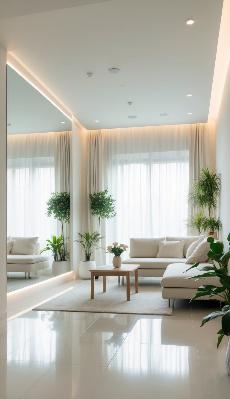 A bright living room with light-colored walls, large mirrors, sheer curtains, indoor plants, and modern furniture creating a welcoming and airy atmosphere.