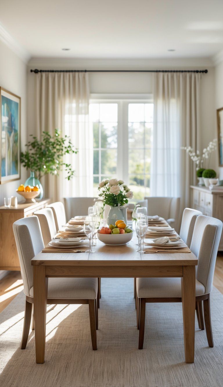 A well-lit dining room with a wooden table set for a meal, surrounded by chairs, decorated with flowers and fruit, with large windows letting in natural light.