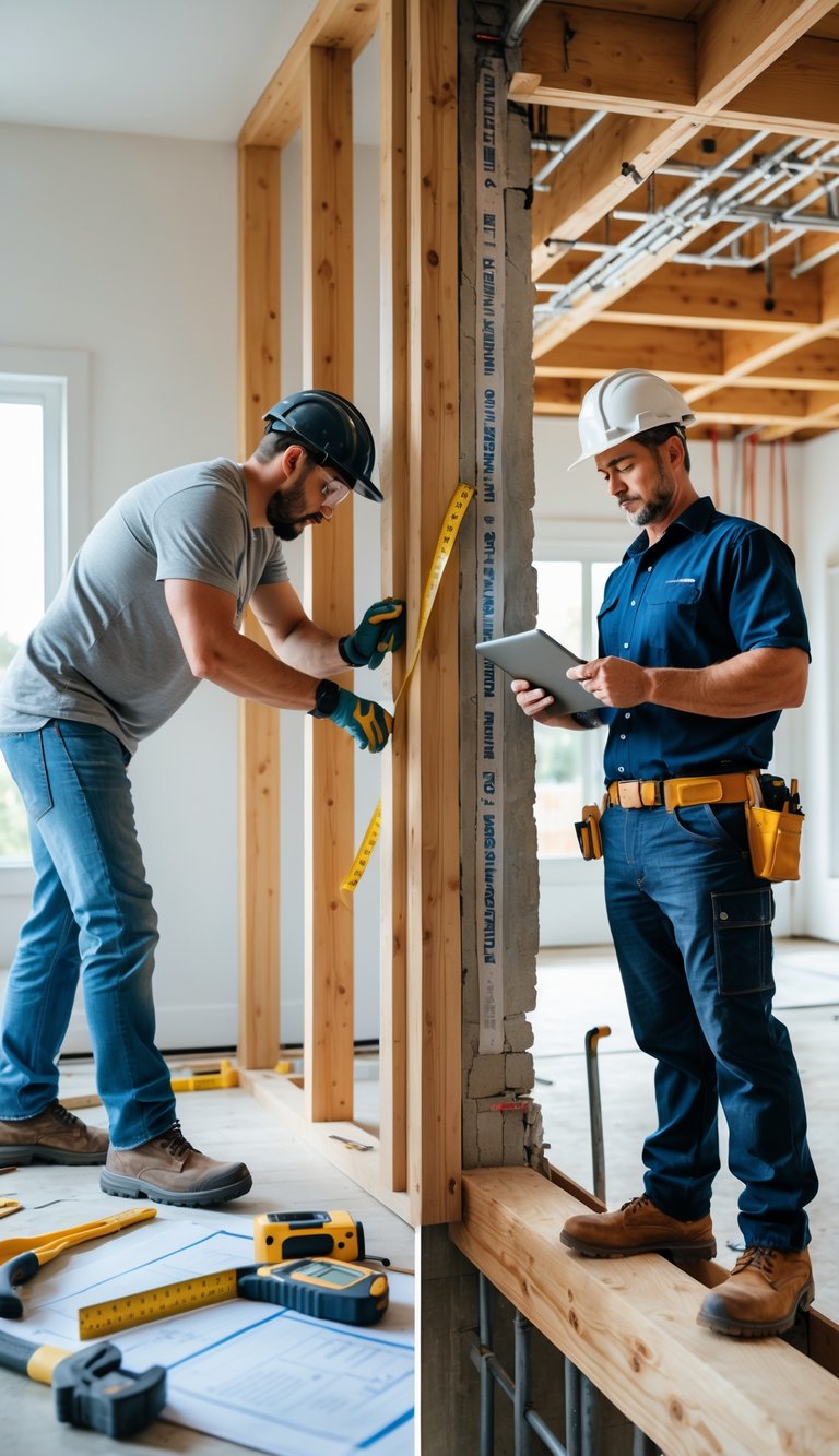 A homeowner measuring a wooden beam on one side and a contractor inspecting structural elements on the other side in a partially renovated room.