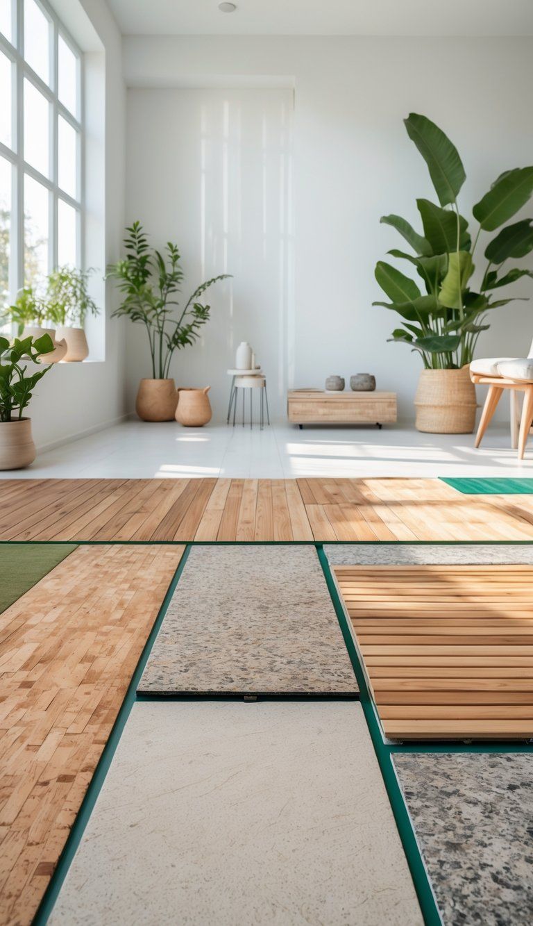 A bright room displaying various eco-friendly flooring materials side by side, including bamboo, cork, reclaimed wood, natural stone, and linoleum, with plants and natural light.