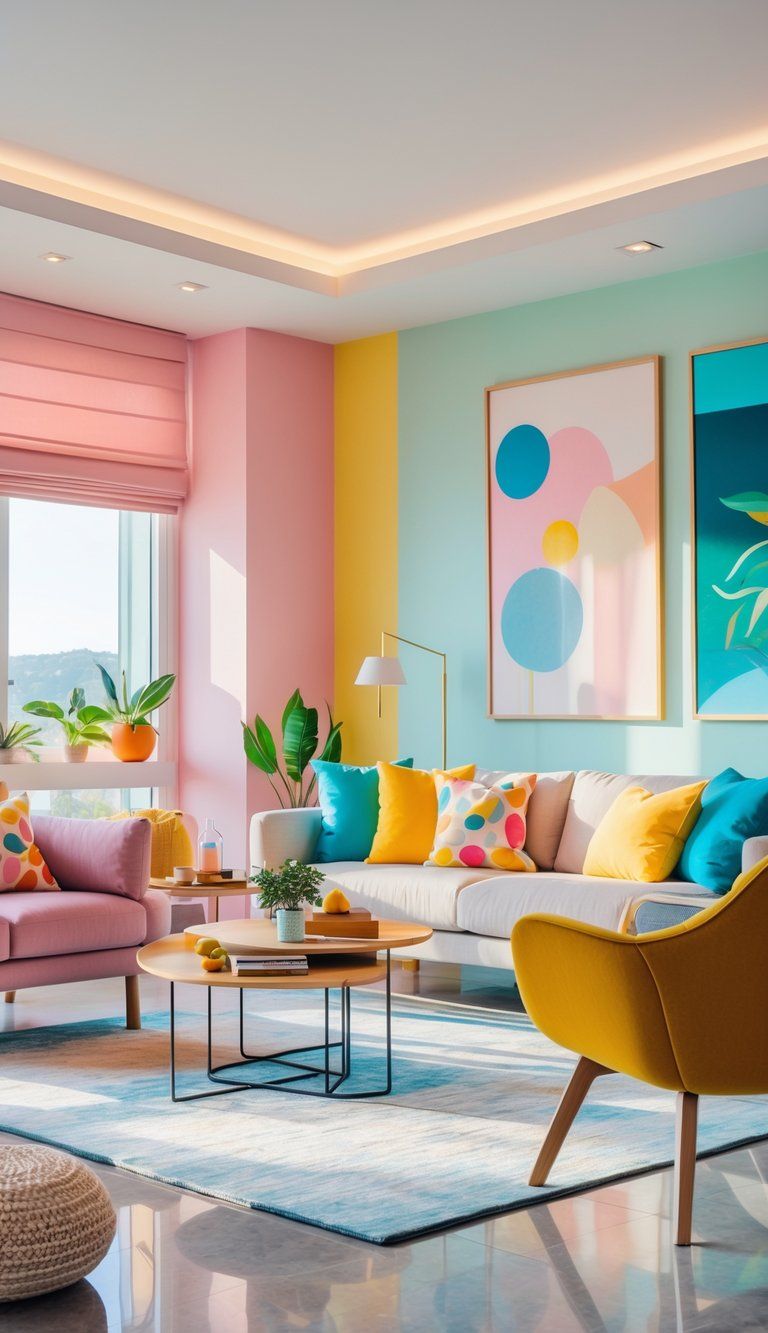 A modern living room with colorful walls, accent pillows, and decor illuminated by natural light.