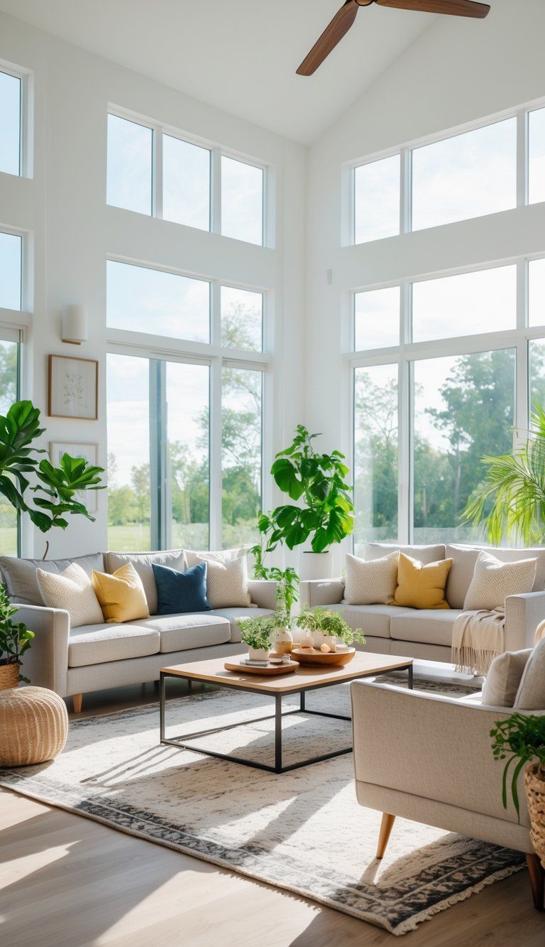 A bright living room with sofas and armchairs arranged around a coffee table, illuminated by natural light from large windows.