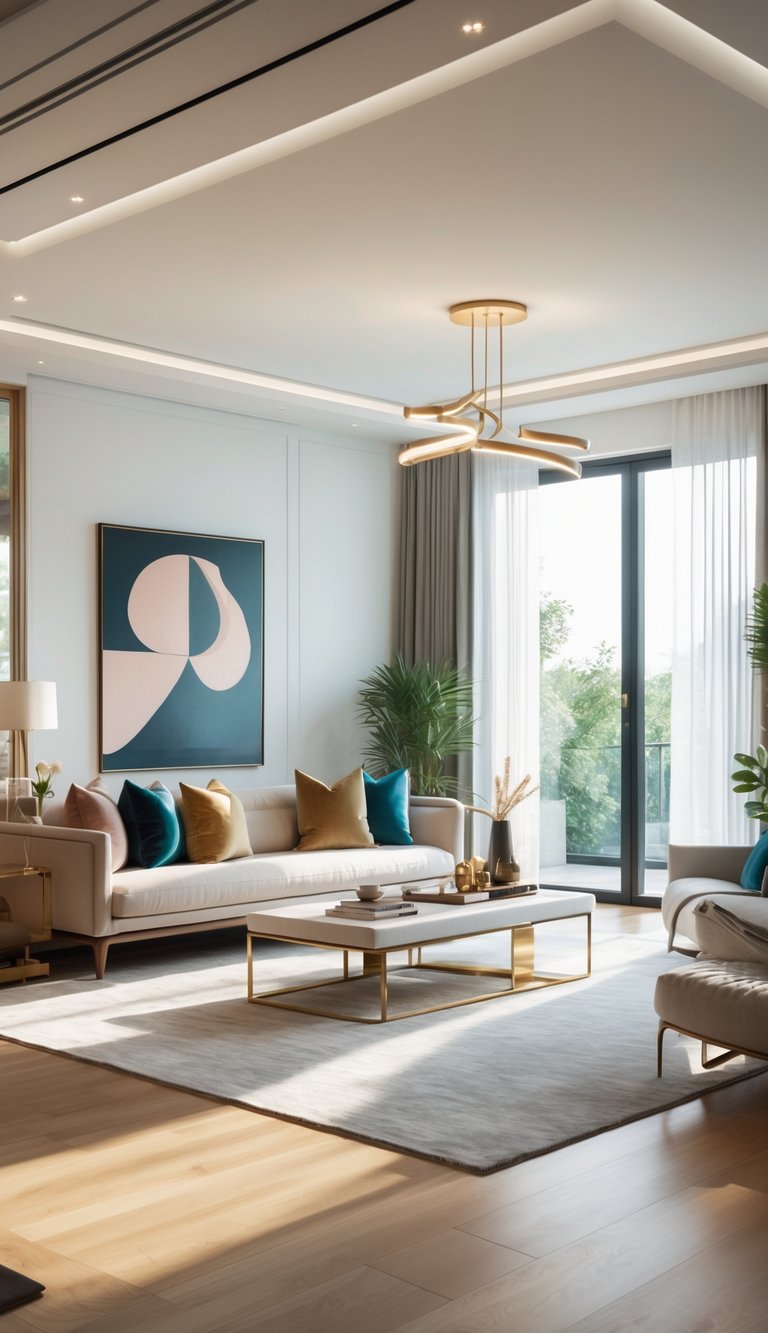 A bright living room with a comfortable sofa, coffee table, stylish lighting, hardwood floors, and large windows letting in natural light.