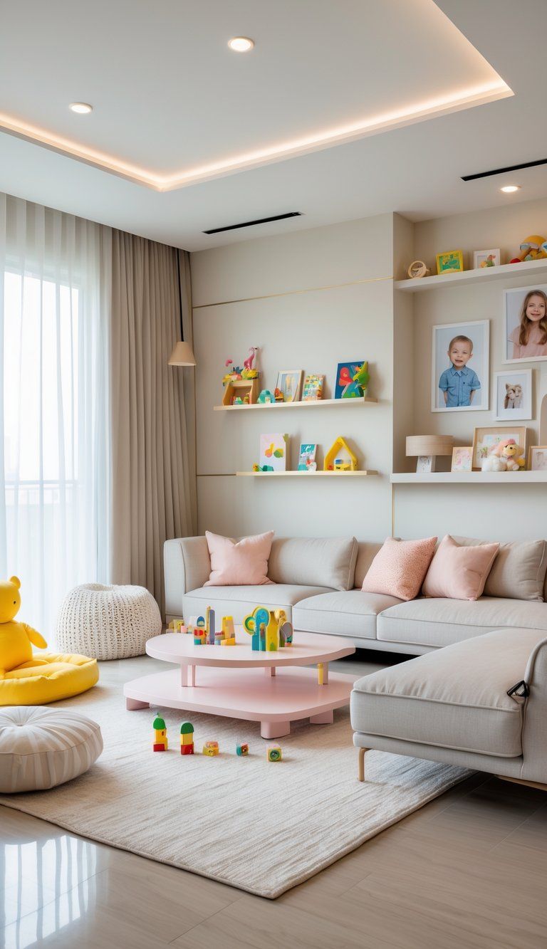 A bright living room with neutral colors, a cozy reading nook, and subtle children's items neatly arranged on a shelf.