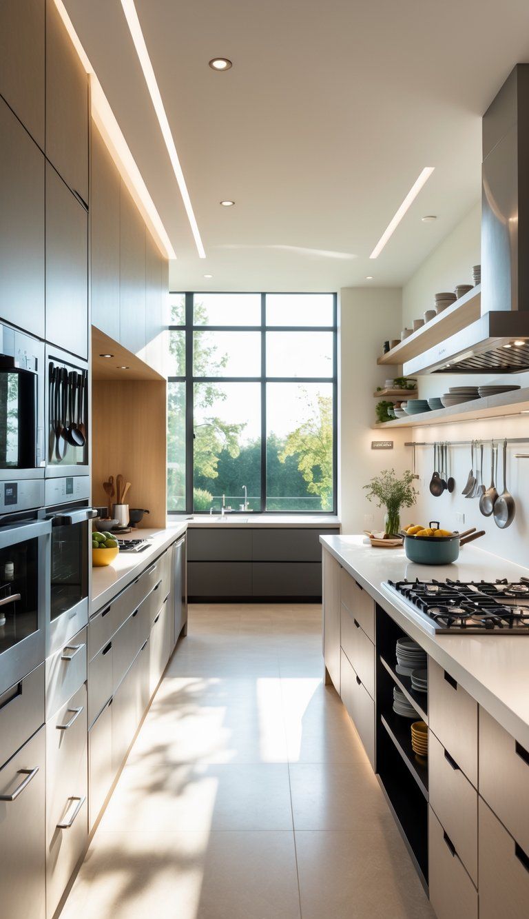 A bright, modern kitchen with a large island, stainless steel appliances, and organized storage designed for efficient cooking.