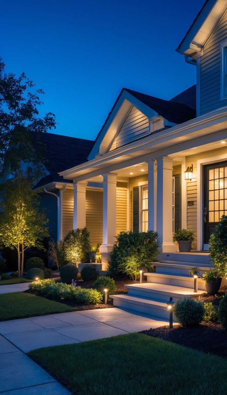 A suburban house exterior at twilight with warm outdoor lighting illuminating the porch, pathway, and garden.