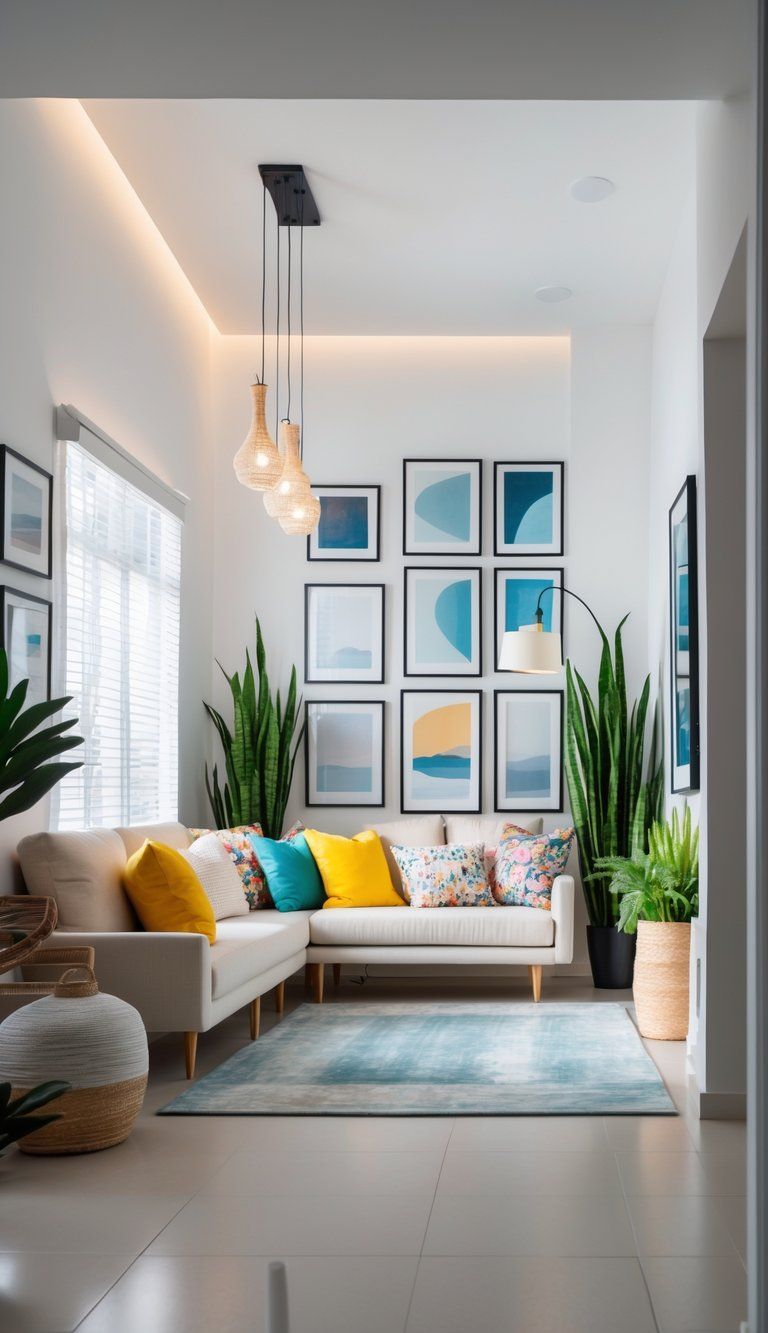 A living room with low ceilings featuring vertical art, tall plants, and pendant lights that create a sense of height.