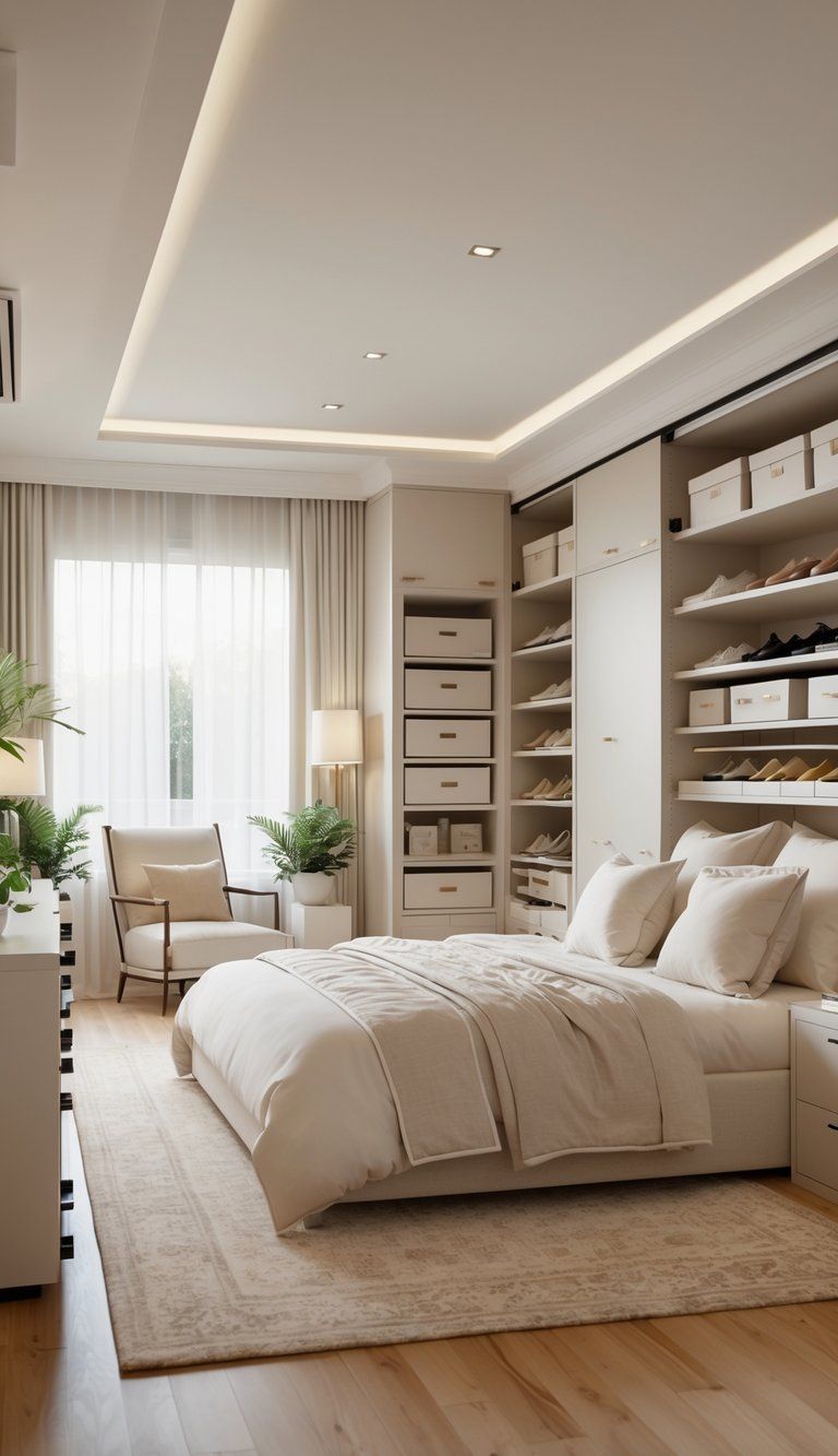 A master bedroom with a large bed, built-in wardrobes, a dresser, and organized storage, filled with natural light and decorated with plants and artwork.