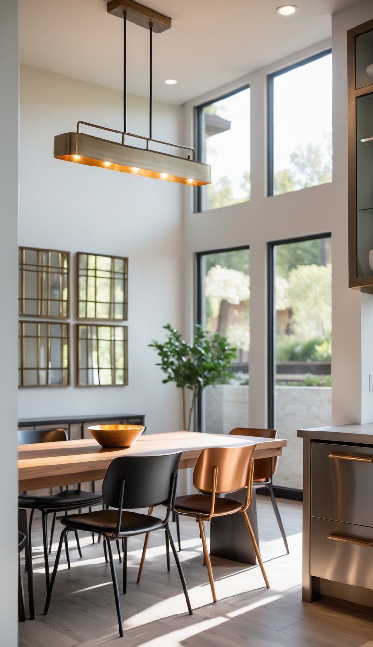 Interior of a modern living space featuring a dining table with mixed metal lighting and hardware, including brushed nickel, antique brass, matte black, copper, stainless steel, and bronze finishes.