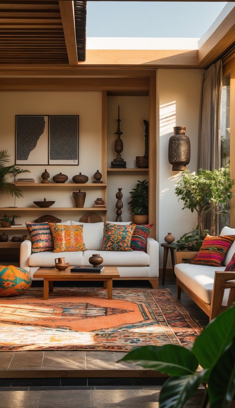 A living room featuring a mix of modern furniture and traditional decorative items, with natural light and plants.