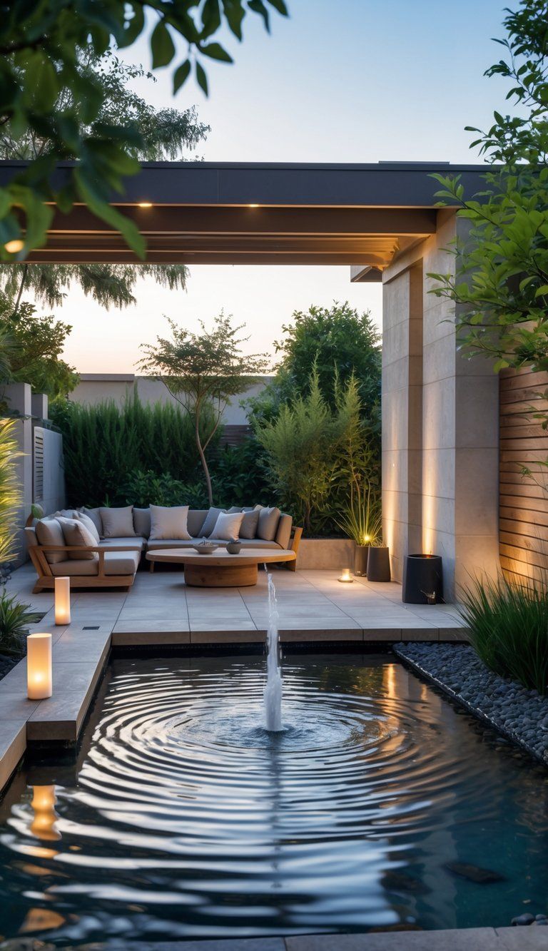 Outdoor living space with comfortable seating and a water feature surrounded by greenery, creating a peaceful and relaxing atmosphere.
