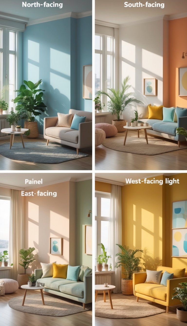 Four side-by-side rooms showing different wall colors and lighting conditions representing north, south, east, and west-facing spaces.