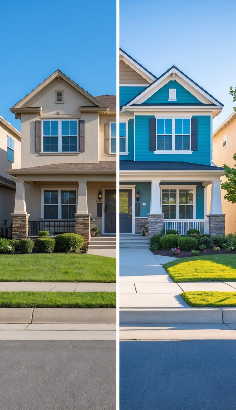 Side-by-side comparison of a house exterior before and after repainting, showing improved curb appeal with fresh paint and landscaping.