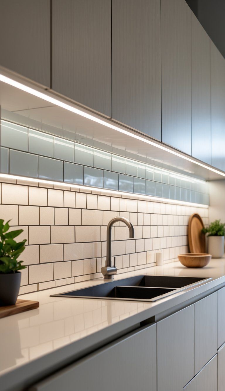 A modern kitchen with a neutral subway tile backsplash, white cabinets, and a clean countertop with a plant and kitchen accessories.