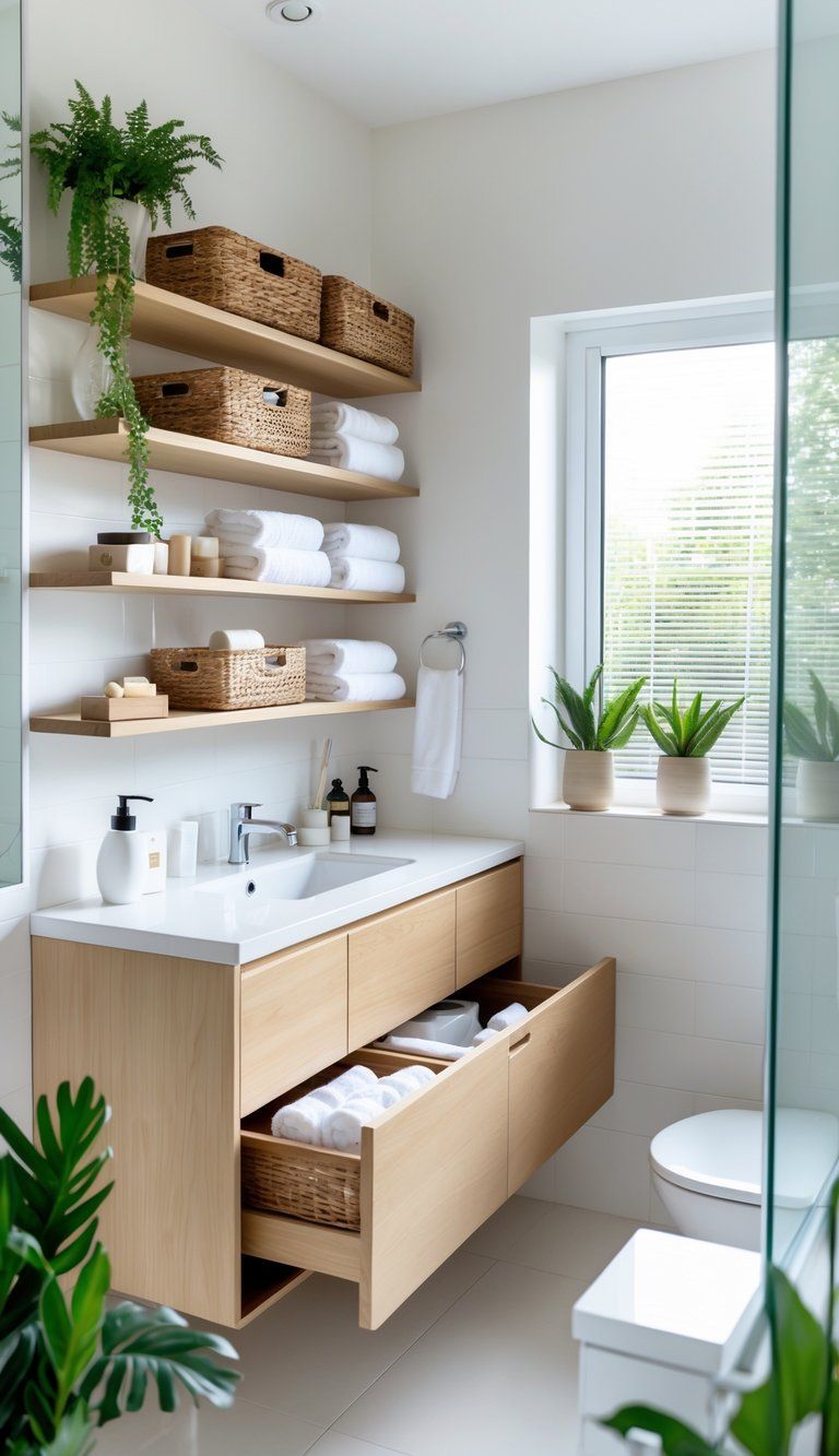 A modern bathroom with organized shelves, folded towels, storage baskets, and a clean countertop with natural light.